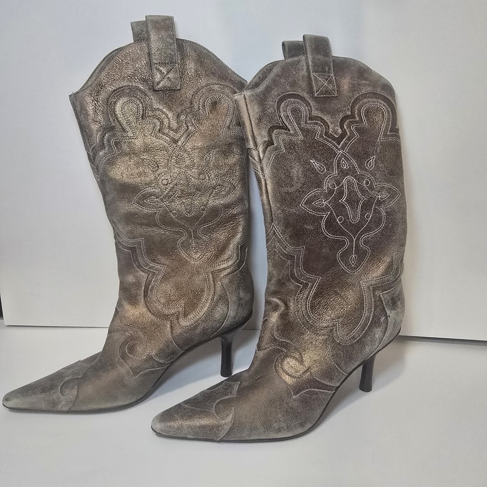 Kenneth Cole Reaction 6M Metallic Leather Western Cowboy Boots Pointed Toe